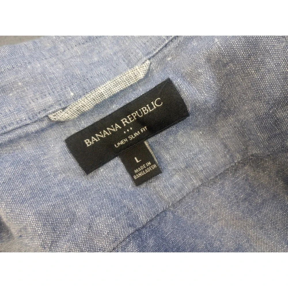 Banana Republic Men's L Slim Blue Solid Linen Woven Button-Up Long Sleeve Shirt